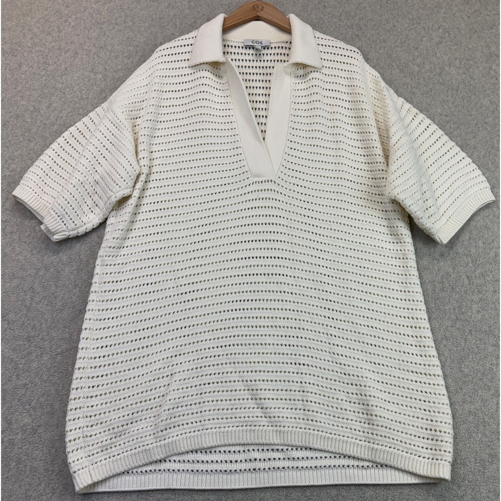 COS Mens Oversized Polo Shirt Ivory Knitted Collared Short Sleeve Performance M